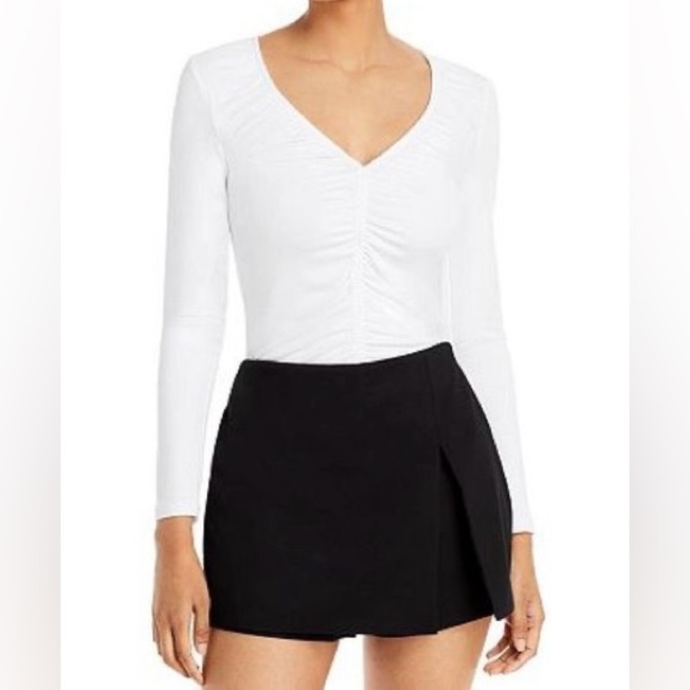 Aqua White Ruched Top Blouse Long Sleeve V-Neck Size S Small MSRP $58
